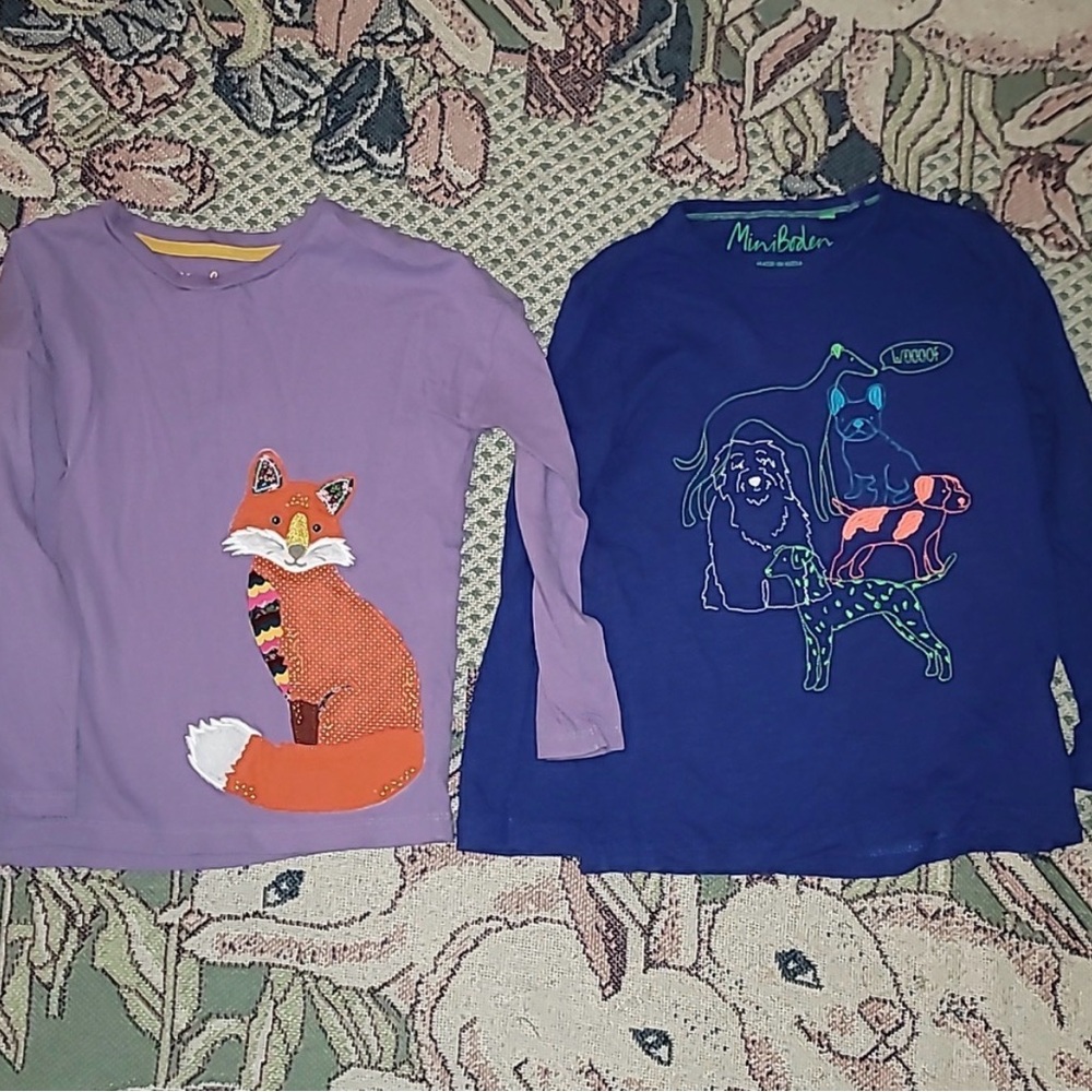 Mini Boden Purple and Blue Long Sleeve Tees with Animal Prints
